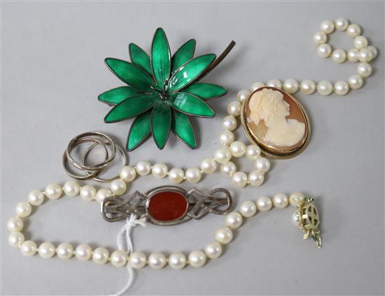 A single strand cultured pearl necklace with 14ct gold clasp and six other items of jewellery including a cameo brooch.